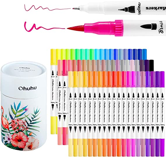 Ohuhu Art Markers Dual Tips Coloring Brush Fineliner Color Pens, 60 Colors of Water Based Marker for Calligraphy Drawing Sketching Coloring Book Bullet Journal Art