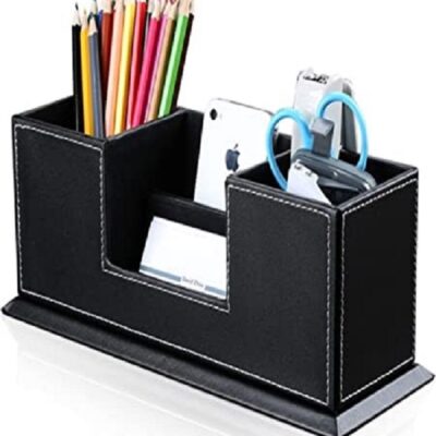 KINGFOM Office Supplies Desk Organizer PU Leather Storage Box 4 Divided Compartments for Pen Business Card Remote Control Mobile Phone Cosmetics Collection Holder(Black-L)