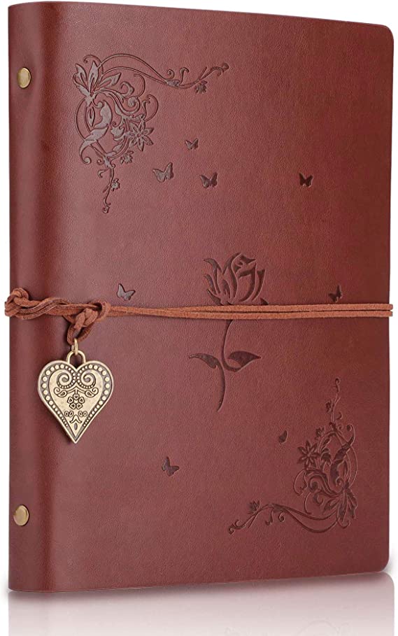 A5 Notebook Leather Journal Girls Notebook Vintage Leather Sketchbook, Refillable Diary Notebook Travel Journals for Women with 6 Ring Binder 200 Blank Brown Pages (Rose Brown)