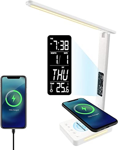 Desk Lamp, LED Desk Lamp with Wireless Charger, USB Charging Port, Adjustable Foldable ​Table Lamp with Clock, Alarm, Date, Temperature, 5-Level Dimmable ​Lighting​, Office Lamp with Adapter (White)