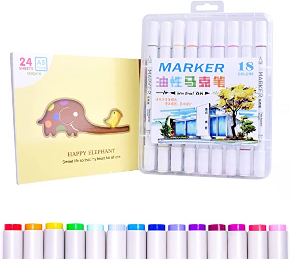 Permanent Markers Pens with Coloring Book for Kids-Adult, 18 Colors Alcohol Markers Brush Tip, Dual Tip Drawing Markers for Artists