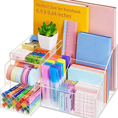 VITVITI Acrylic Desk Organizer, Clear Pencil Organizer for Desk, Multifunctional Desktop Stationary Pen Organizer, 8 Compartment Storage with Drawer, for Office/A4 Paper/Art Supply